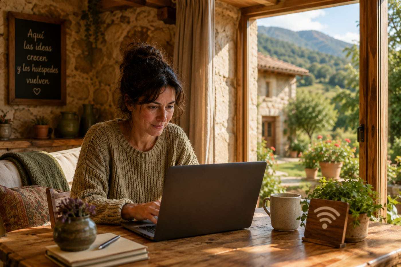 Propietaria de una casa rural revisando en el ordenador cómo se ve el anuncio de su alojamiento