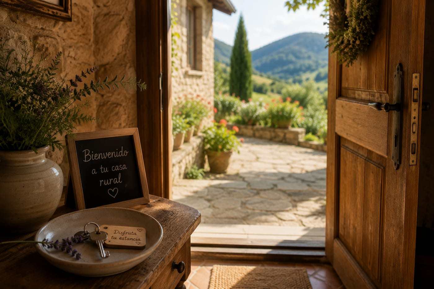 Puerta de entrada de una casa rural abierta con las llaves de bienvenida y un cartel de bienvenido a tu casa rural
