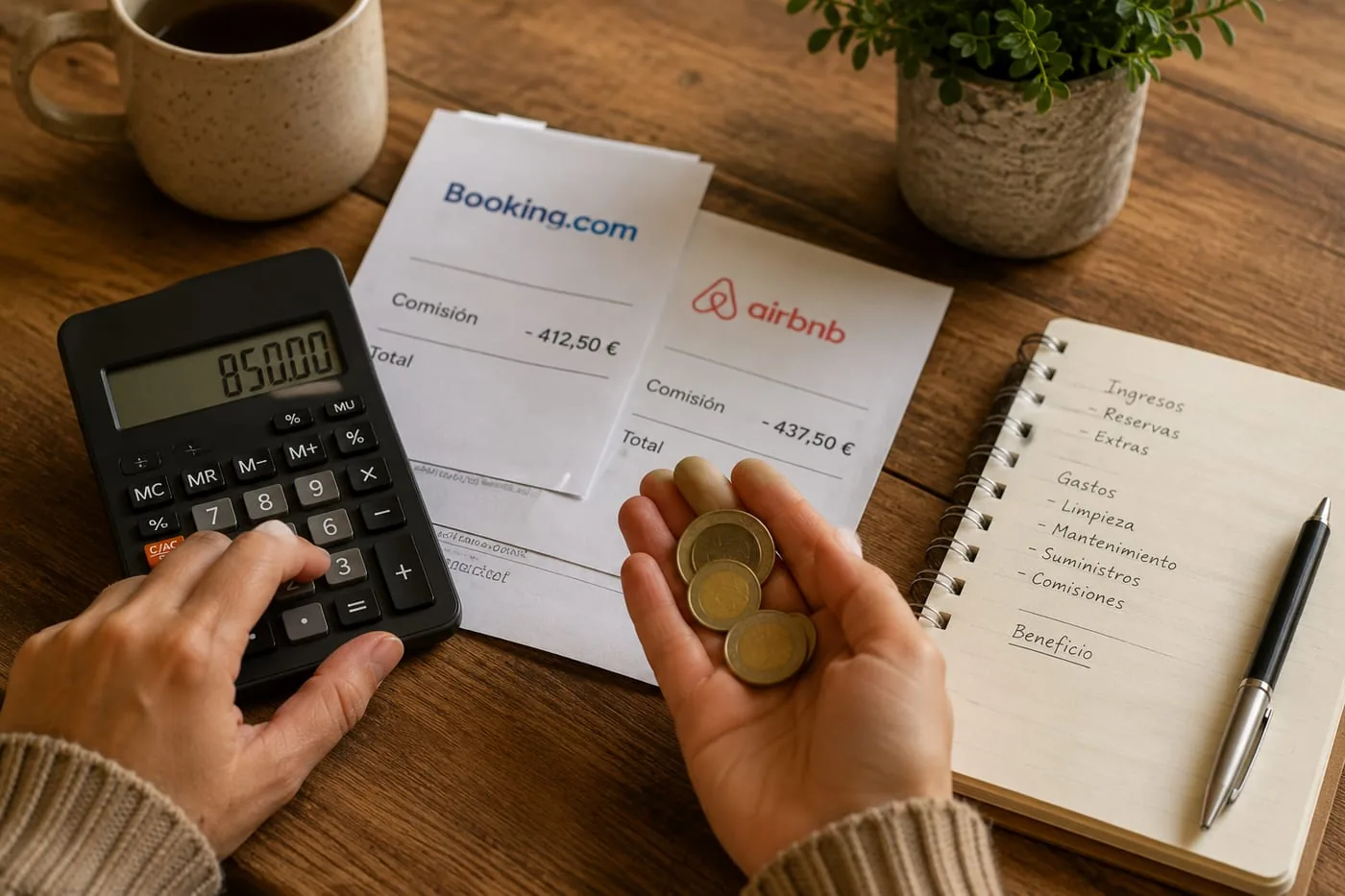 Calculadora y monedas de euro junto a recibos de comisión de Booking.com y Airbnb