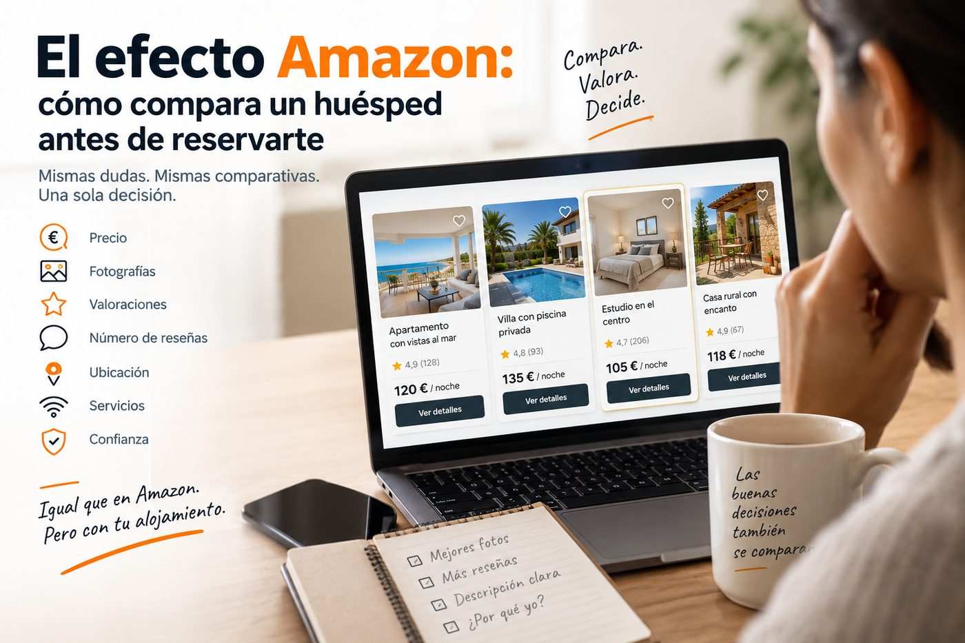 Portátil con cuatro alojamientos abiertos a la vez, comparando precio, fotos y valoraciones antes de reservar