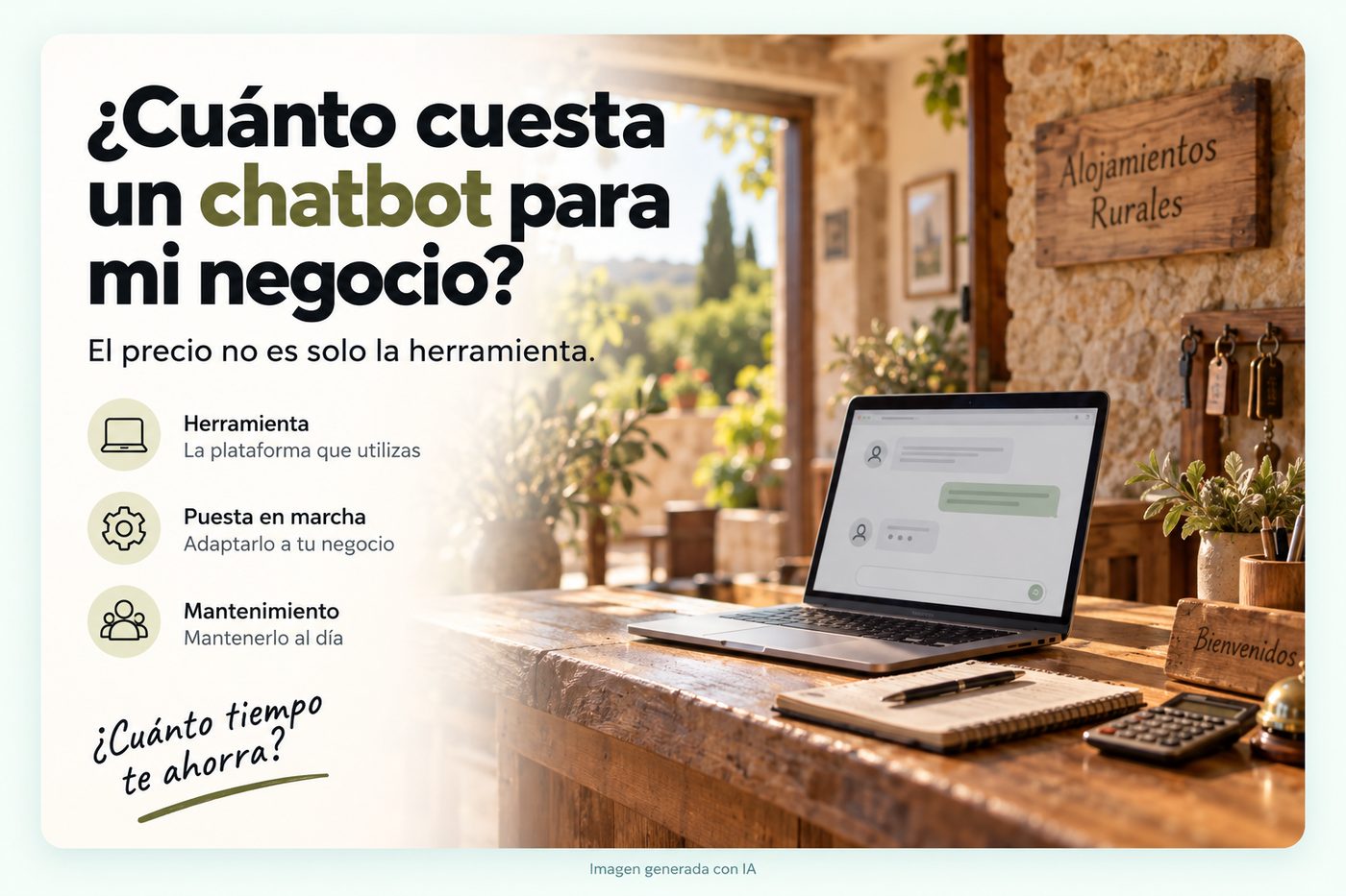 Infografía: ¿Cuánto cuesta un chatbot para mi negocio? El precio no es solo la herramienta — también la puesta en marcha y el mantenimiento. Al fondo, un portátil con un chat abierto en el mostrador de un alojamiento rural.
