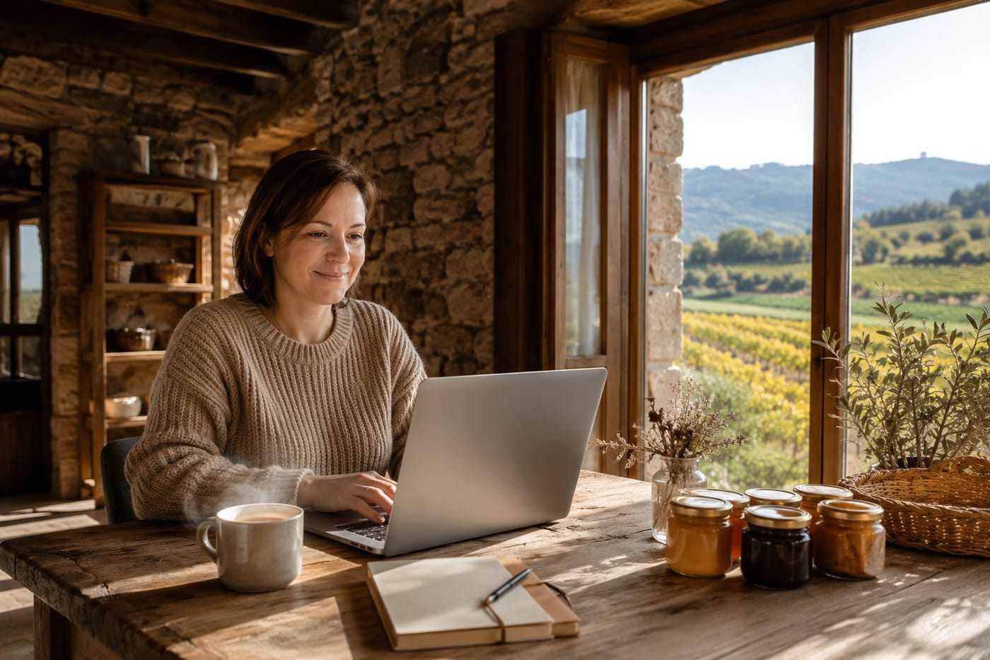 Mujer sonriendo trabajando con el portátil en una casa rural de piedra, con tarros de miel y mermelada artesanal y vistas a los viñedos de la comarca