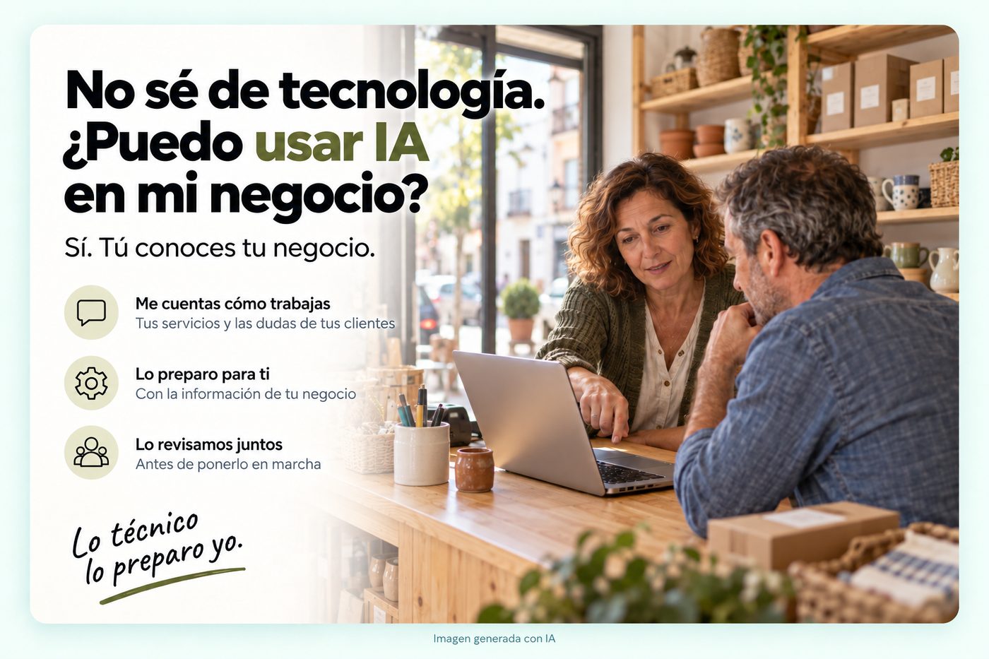 Infografía: No sé de tecnología, ¿puedo usar IA en mi negocio? Sí, tú conoces tu negocio y lo técnico lo prepara Leticia. Al fondo, una dueña de tienda y un cliente mirando un portátil juntos en el mostrador.