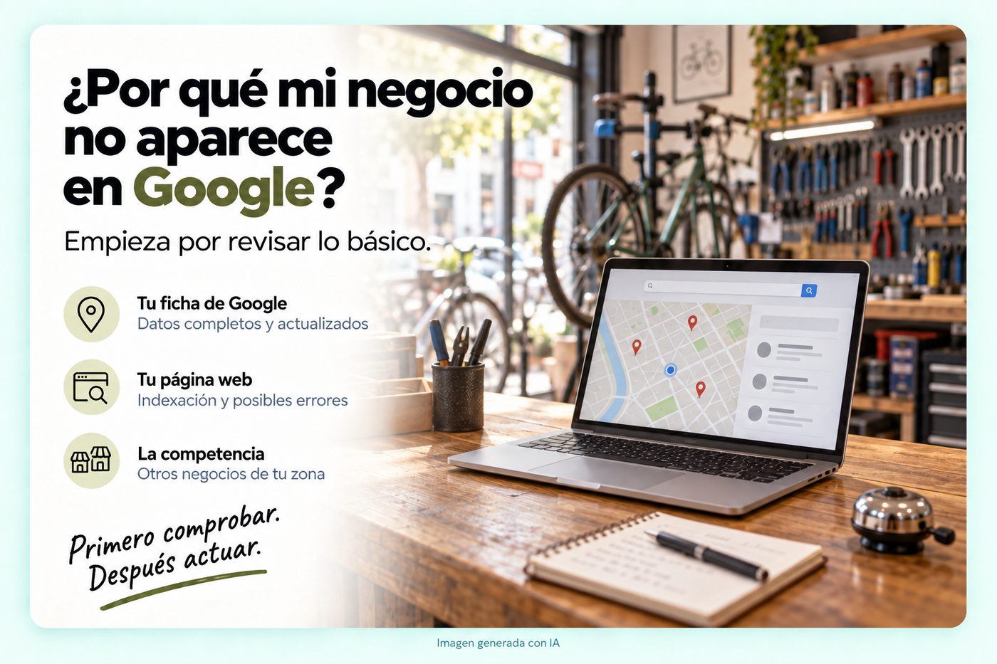 Infografía: ¿Por qué mi negocio no aparece en Google? Empieza por revisar la ficha de Google, la página web y la competencia. Al fondo, un portátil con un mapa abierto en el mostrador de un taller de bicicletas.