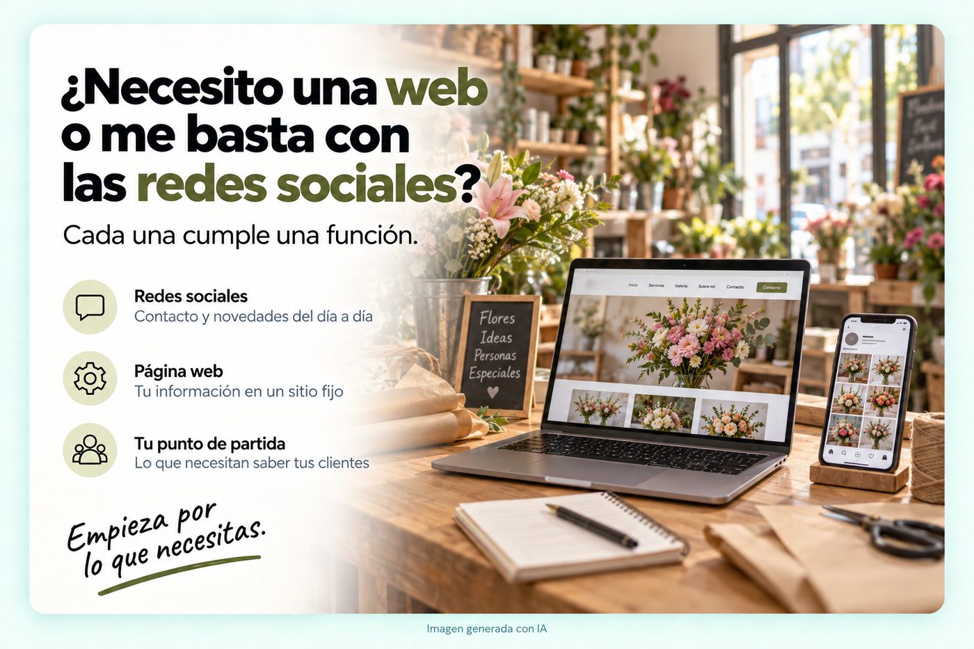 Infografía: ¿Necesito una web o me basta con las redes sociales? Cada una cumple una función. Al fondo, un portátil y un móvil mostrando la web y el Instagram de una floristería.