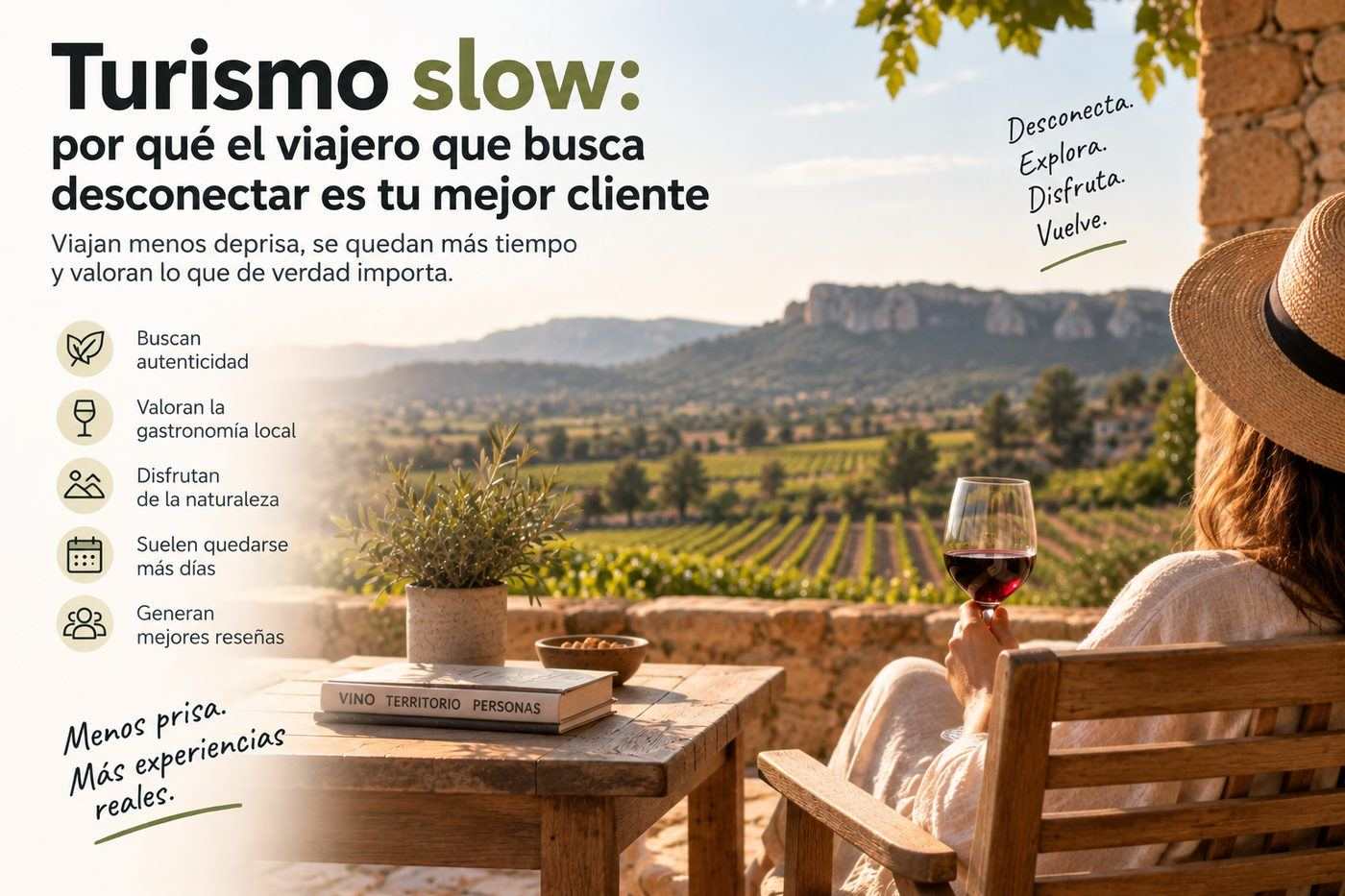 Viajera con una copa de vino en la terraza de un alojamiento rural, mirando los viñedos y las hoces al atardecer