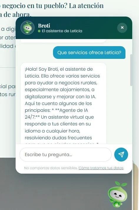 Conversación real con Broti, el asistente de la web, respondiendo qué servicios ofrece Leticia