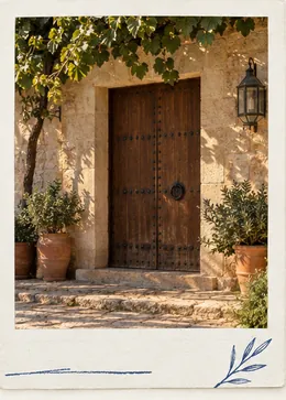 Puerta de madera de una casa rural, con macetas de olivo