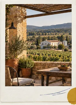 Terraza de una bodega con vistas a los viñedos