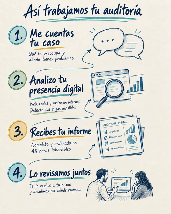 As&iacute; trabajamos tu auditor&iacute;a, en cuatro pasos: uno, me cuentas tu caso; dos, analizo tu presencia digital; tres, recibes tu informe; cuatro, lo revisamos juntos. Para que sepas qu&eacute; funciona, qu&eacute; falla y por d&oacute;nde empezar.