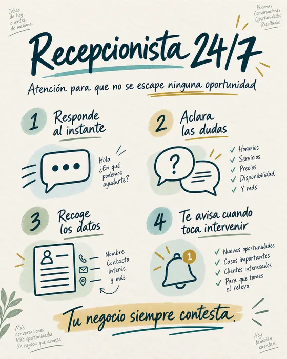 Recepcionista 24/7, en cuatro pasos: responde al instante, aclara las dudas, recoge los datos y te avisa cuando toca intervenir. Tu negocio siempre contesta.