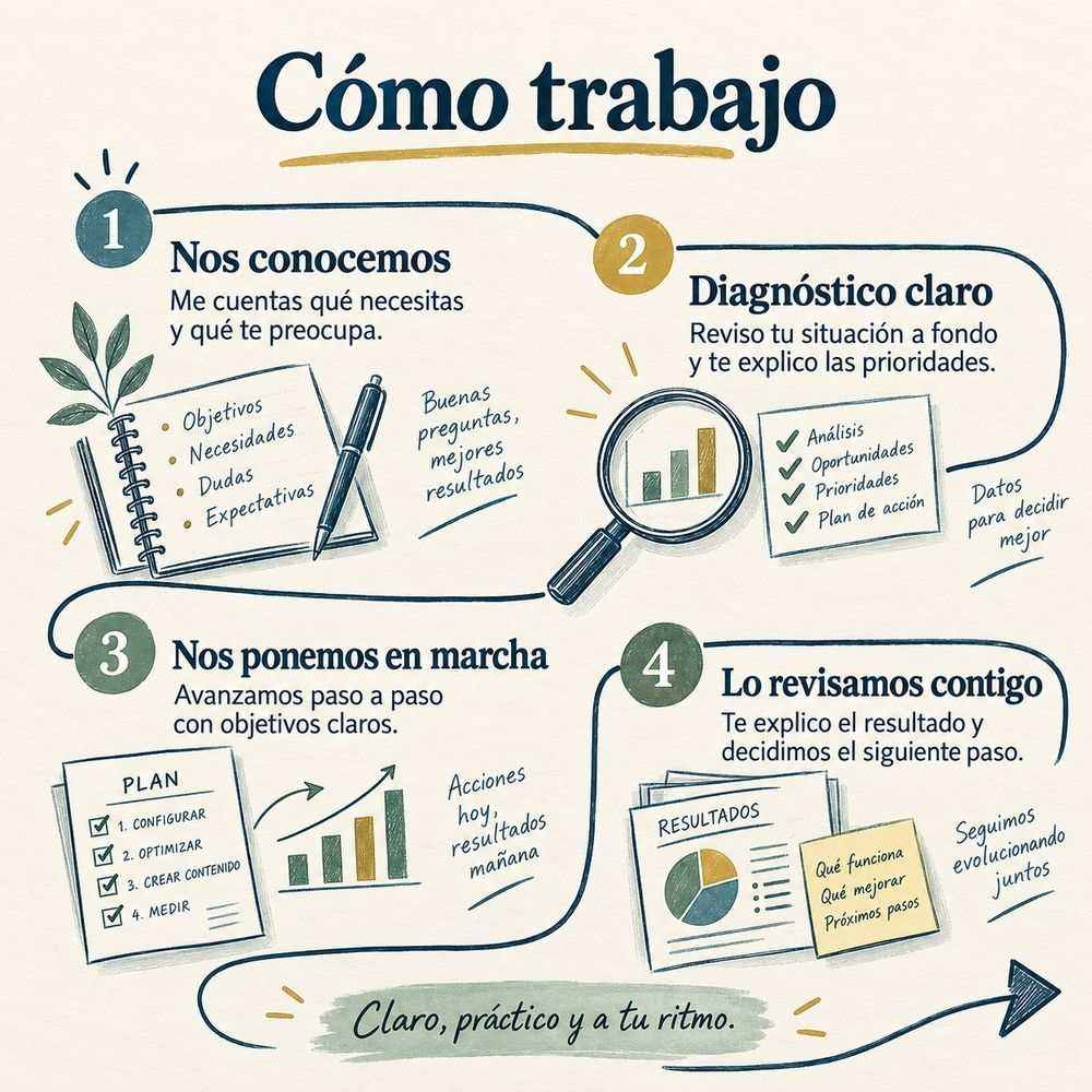 Cómo trabajo, en cuatro pasos: nos conocemos, diagnóstico claro, nos ponemos en marcha y lo revisamos contigo